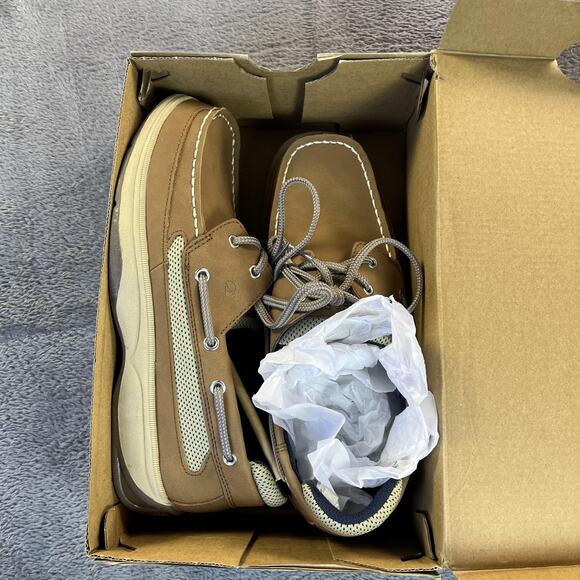 Sperry Lanyard Shoes Mens Size 7 Medium Tan Navy Boat Deck Leather Top-Sider New - Picture 10 of 11